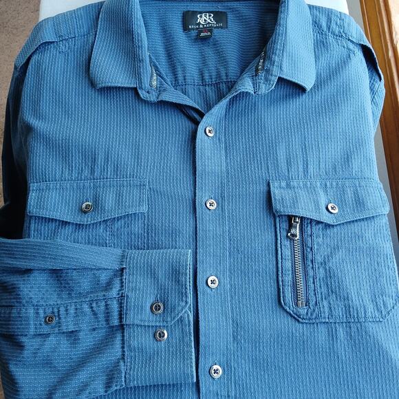 Rock & Republic Other - R&R Blue Cotton Button Up Shirt Mens XL long roll tab sleeves jacquard stripes